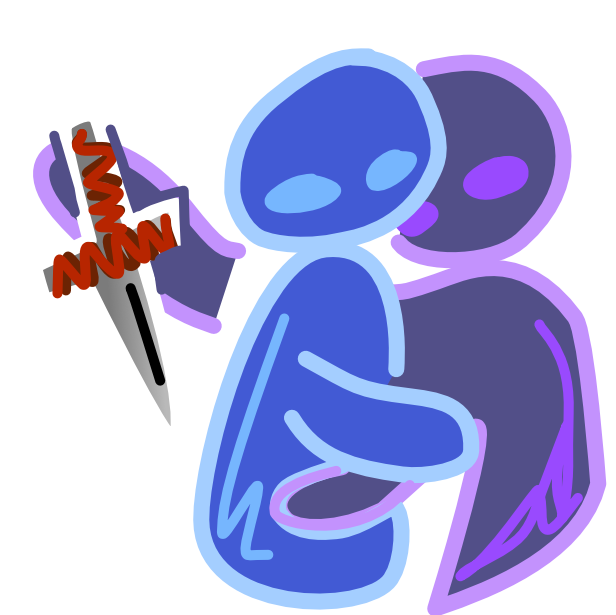 A blue and purple figure stand close together in a hug, but the purple figure holds an arm up behind the blue figures back with a dagger in its hand. The image has light line art, and the purple figure has a sharper body than the blue figure.